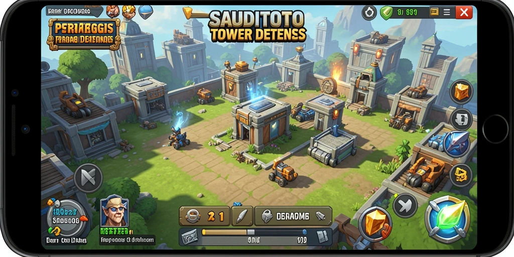 Tampilan gameplay SAUDITOTO menampilkan menara dan musuh dalam aksi Tower Defense.